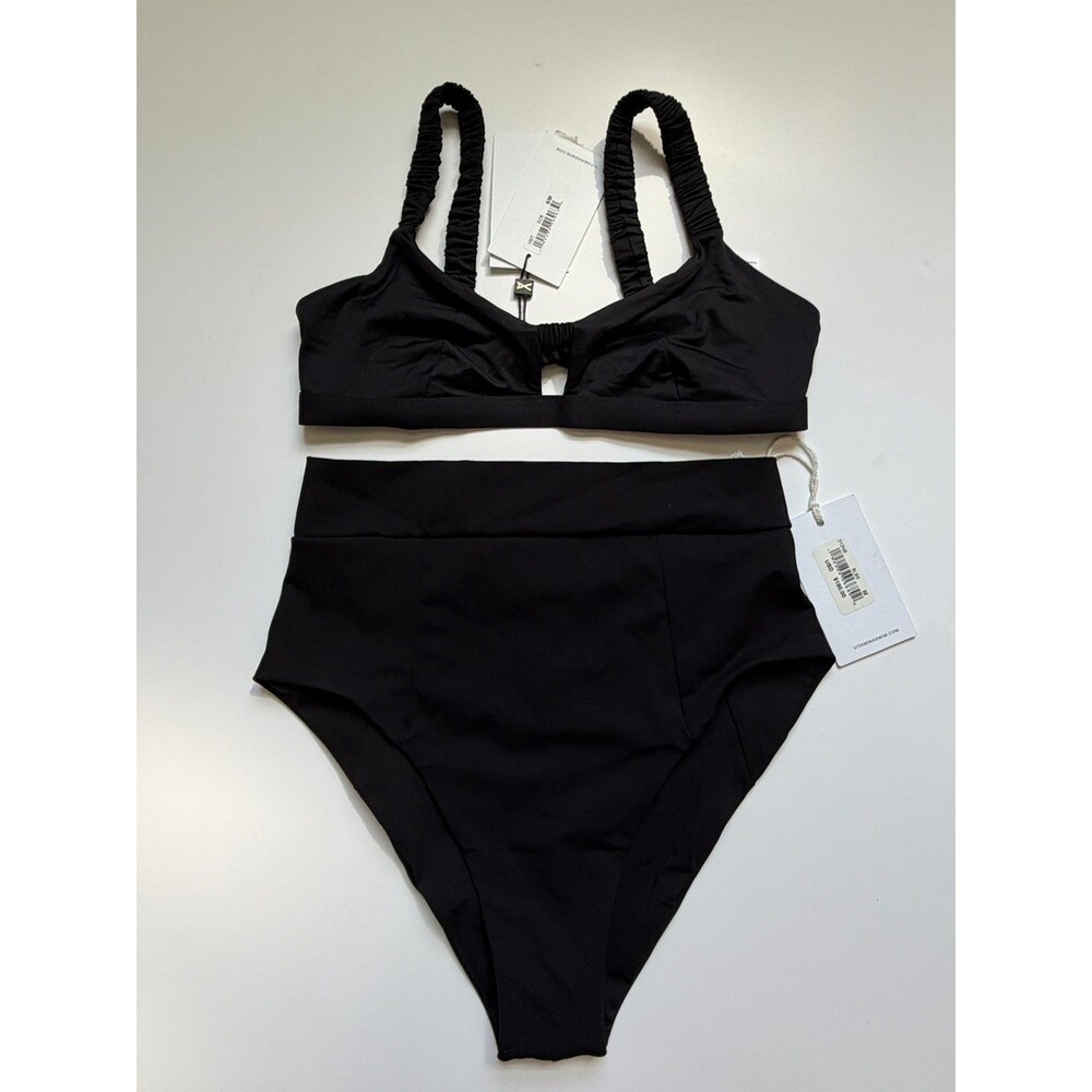 Vitamin A Black Bikini Set NWT Medium High Waist Ruched Strap Two Piece
